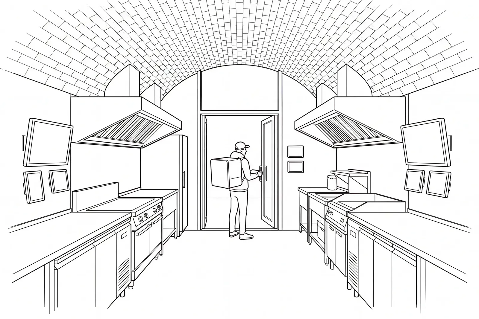 Dark kitchen set up inside a railway arch
